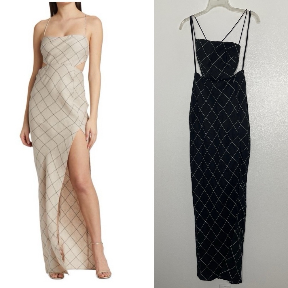 RUMER Quinn Black Criscross Back Front Slit Linen Maxi Dress Checkered Small New
